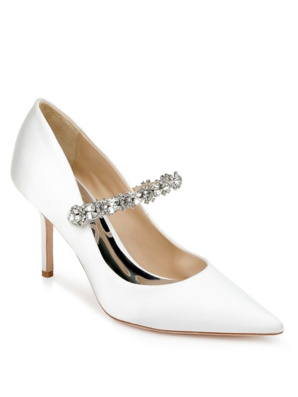 Badgley Mischka White Satin Pointed Pump with Crystal Strap NIB Wedding Bridal